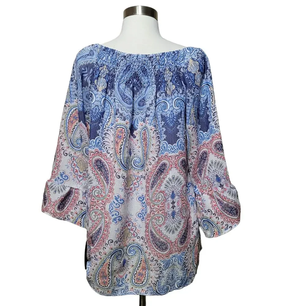 Zac & Rachel Women's Blue Paisley Blouse Top 3/4 Bell Sleeve Off Shoulder Medium - Picture 3 of 9